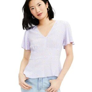 Loft Daisy Print Flutter Sleeve Blouse Light Purple V-Neck 4